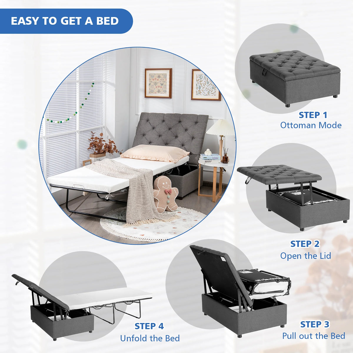 Costway Modern Solid Wood Folding Beds with Ottoman, Grey