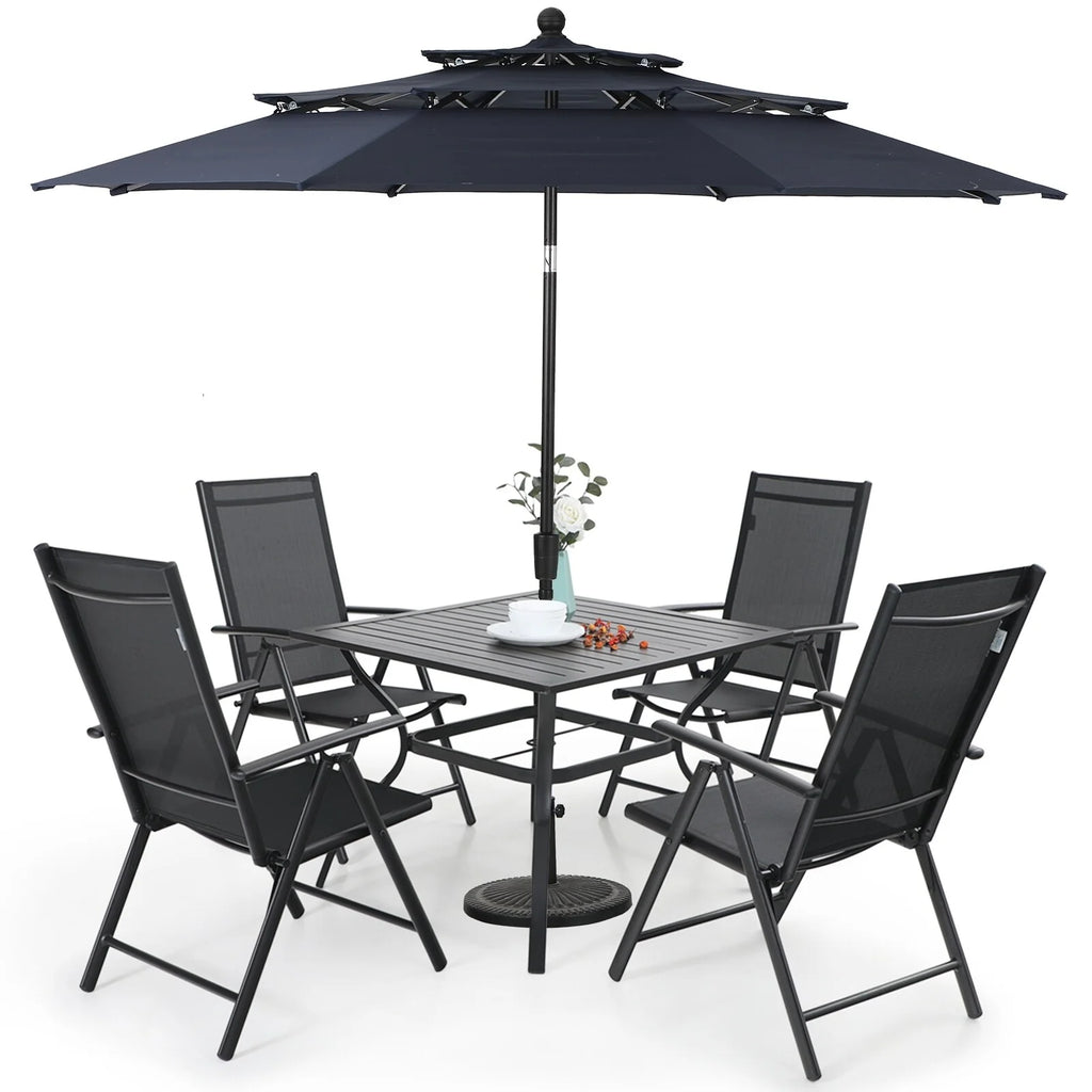 MAISON ARTS Outdoor  6-piece Patio Dining Set, 1 Square Metal table, 4 Adjustable Folding Chairs and 10ft Umbrella Red