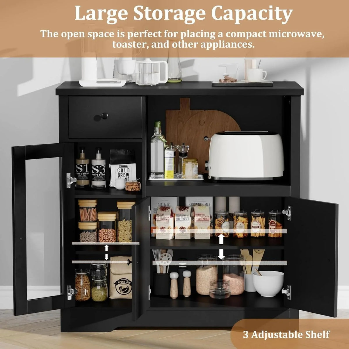 Kitchen Microwave Cabinet with Storage,Buffet Sideboard with 3 Doors, 1 Drawer & Adjustable Shelves, Pantry Storage Cabinet, White