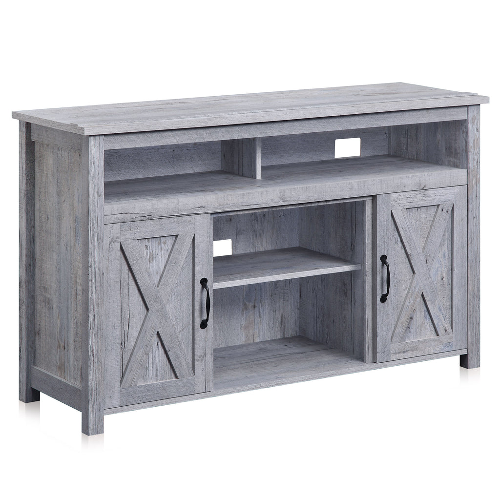 BELLEZE 58 Inch TV Stand, Contemporary Entertainment Center for TVs up to 65", Wood Media Console Table with Two Open Shelves and Barn Door Cabinets - Corin (White)
