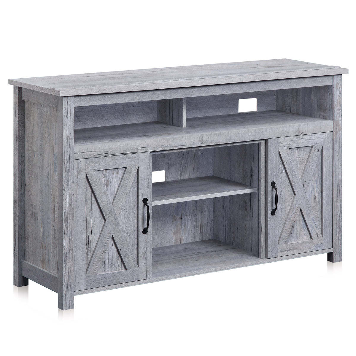 BELLEZE 58 Inch TV Stand, Contemporary Entertainment Center for TVs up to 65", Wood Media Console Table with Two Open Shelves and Barn Door Cabinets - Corin (White)