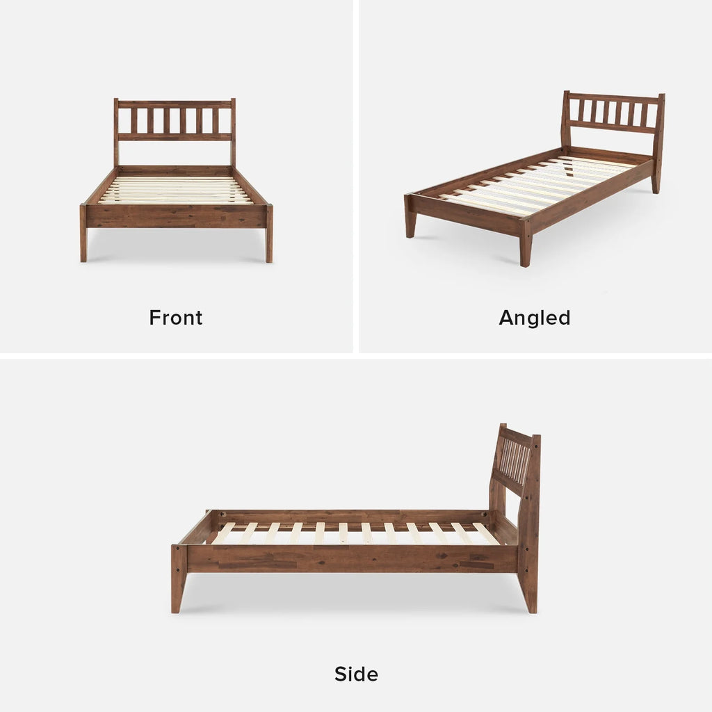Mopio Ted Queen Bed Frame with Headboard, Full Size Bed Frame, Mid Century Modern Acacia Solid Wood Platform Bed Frame, Wooden Bed Slats, No Box Spring Needed, Double Metal Bar Support, Walnut