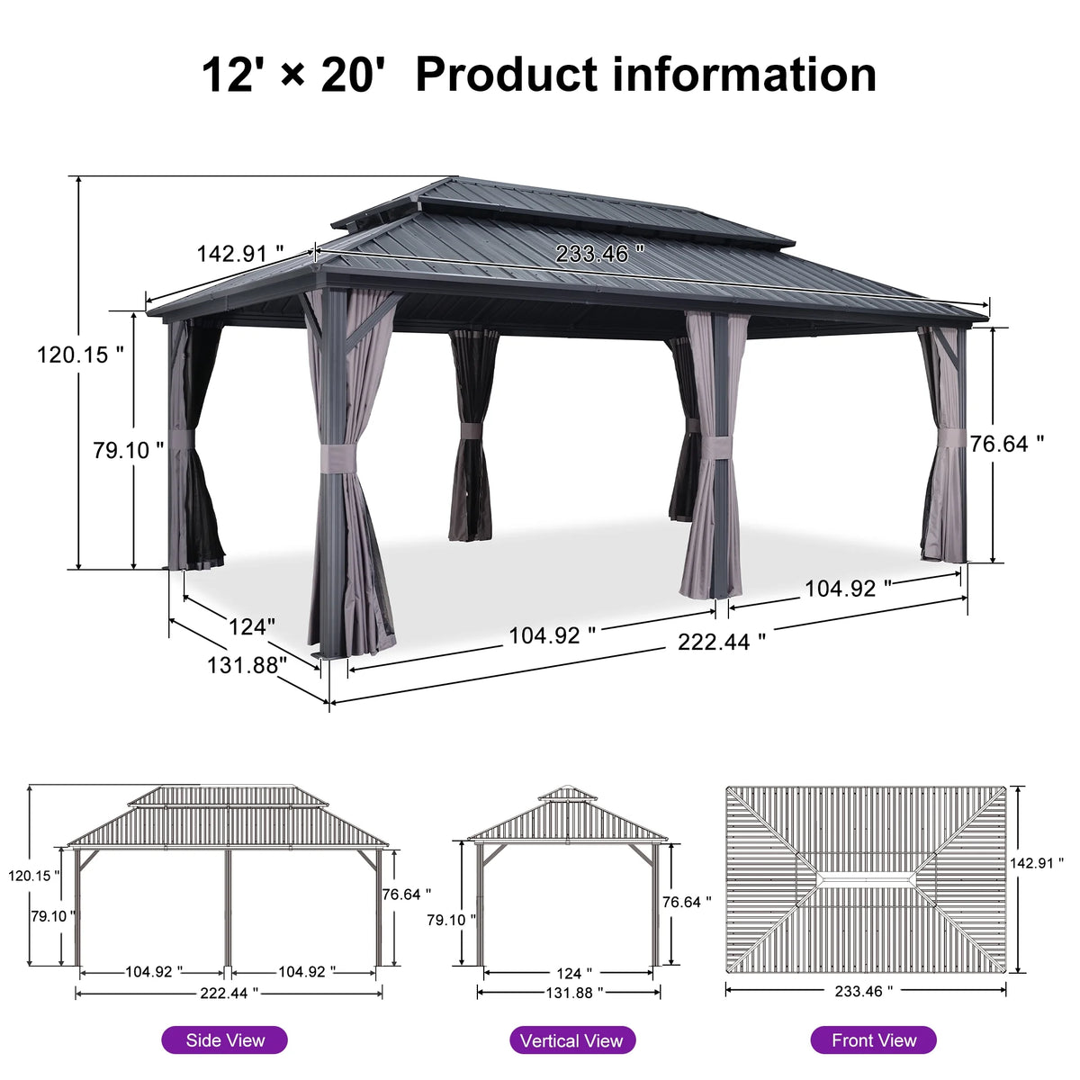 PURPLE LEAF 8' X 8' Gazebo Outdoor Gazebo Permanent Hardtop Gazebo with Galvanized Steel Double Roof for Patio Backyard Deck Aluminum Gazebo with Netting and Curtains Grey