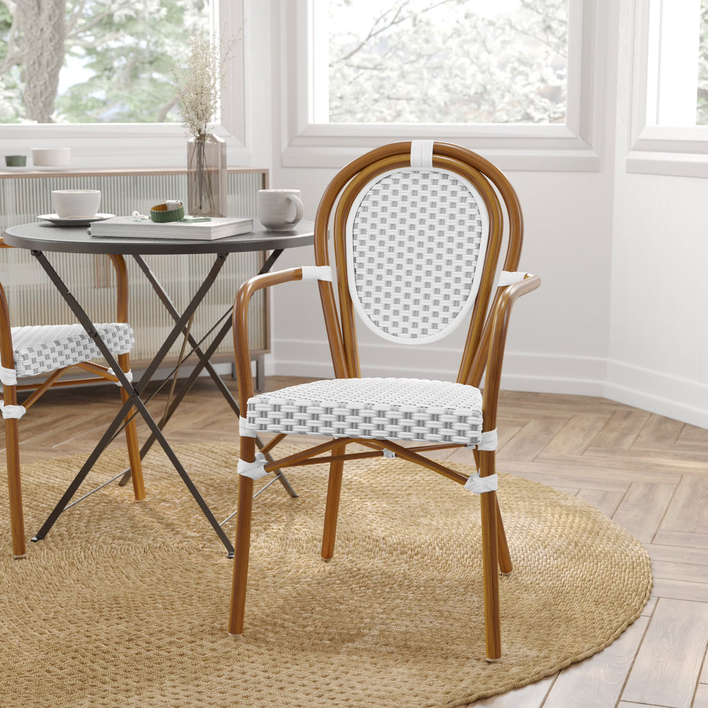Merrick Lane Stacking Thonet French Bistro Style Chair with Arms, Black & White PE Rattan Seat, and Bamboo Finished Metal Frame for Indoor/Outdoor Use