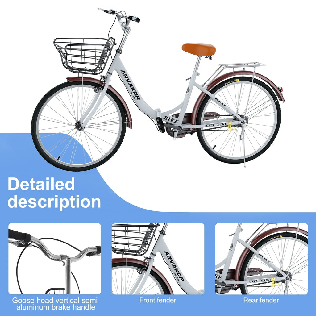 26 Inch Women Bike, Classic Bicycle Retro Bicycle, Cruiser Bike, White
