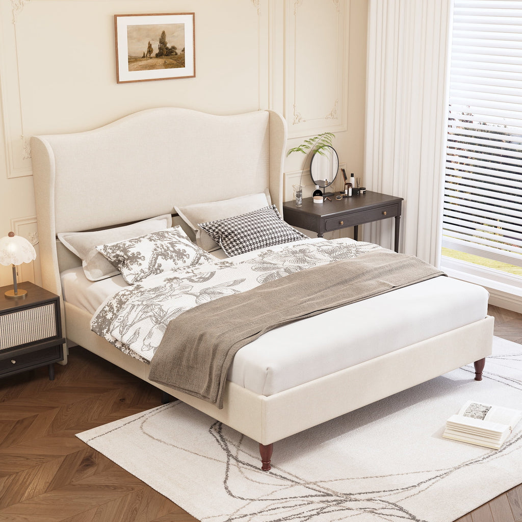 Neche Queen Upholstered Bed Frame with 51" Tall Headboard Classic Curved Wingback Platform Bed with Soft Fabric, Retro Simple Sleigh Bedframe No Box Spring Needed/Easy Assembly, White
