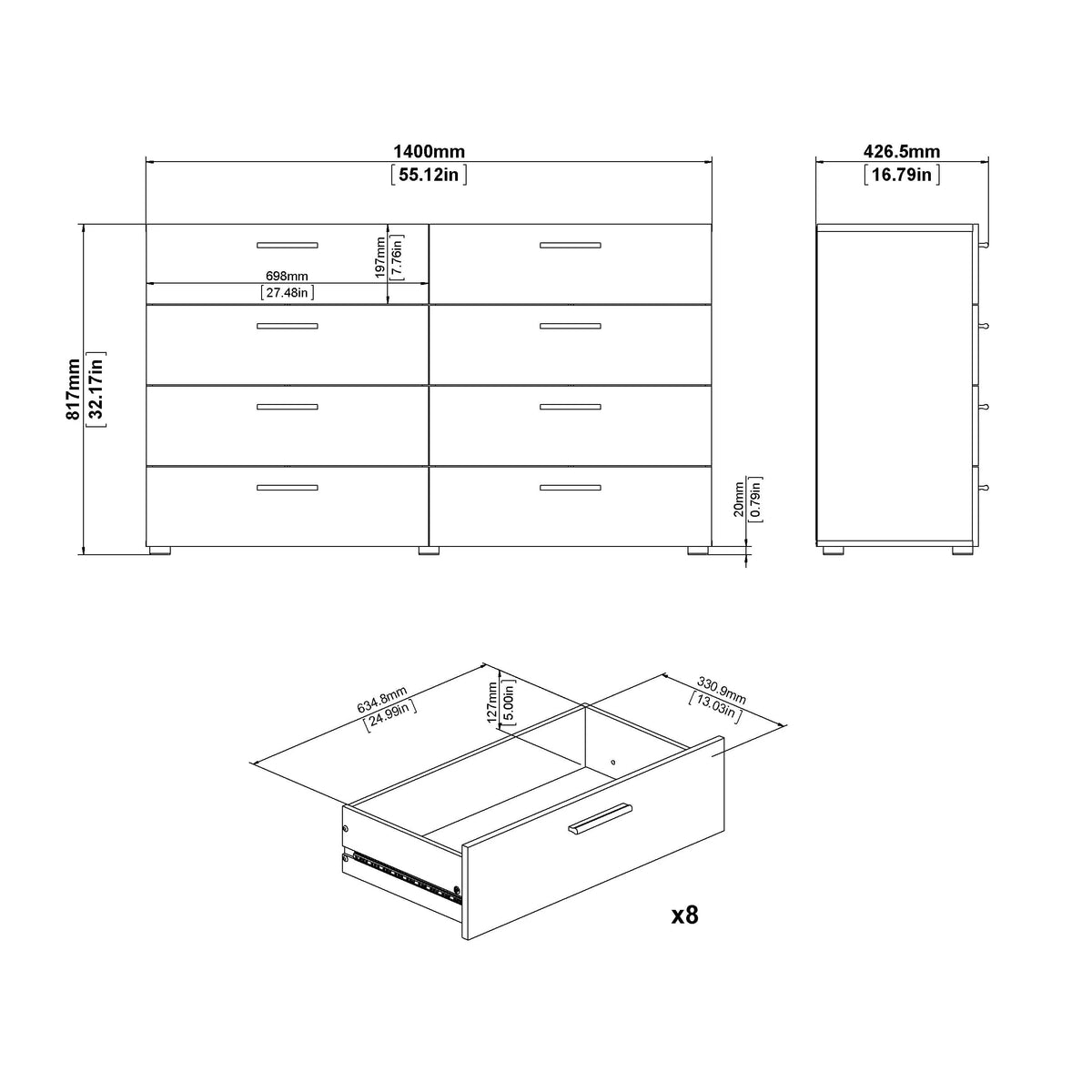 Tvilum Loft 8 Drawer Double Dresser, White Woodgrain