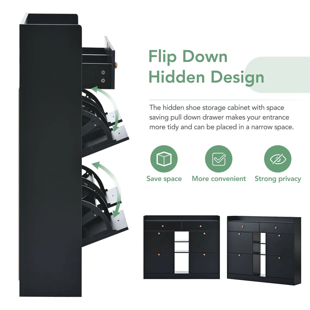 Aukfa Shoe Cabinet with 4 Flip Drawers and 2 Storage Drawers- Black