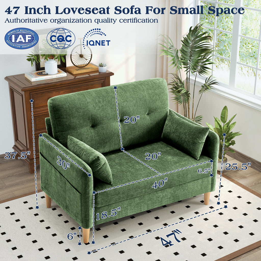 BedLuxury 47'' Wide LoveSeat, 2-seat Chenille sofa with 2 Pillows for Living Room and Small Spaces, Dark Grey