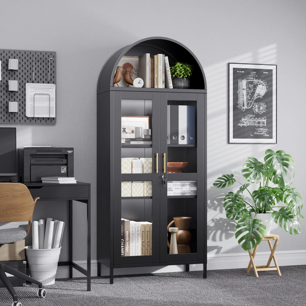 SUPEER Metal Arched Storage Display Cabinet with Glass Doors and Adjustable Shelves, Lockable Cabinet, Assembly Required, Black