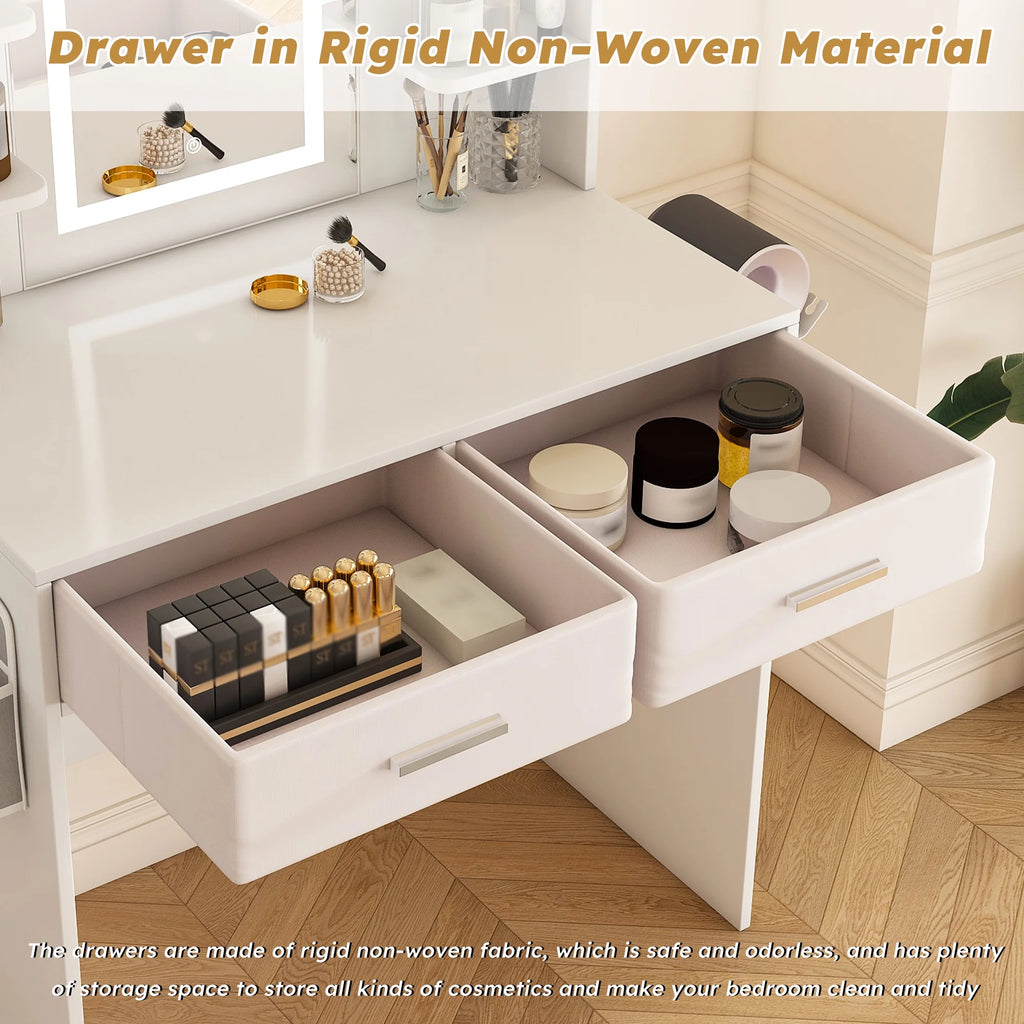 Montary Modern Mini Vanity w/Adjustable LED Mirror + Hidden Storage, Padded Stool & Dustproof Shelves (White)