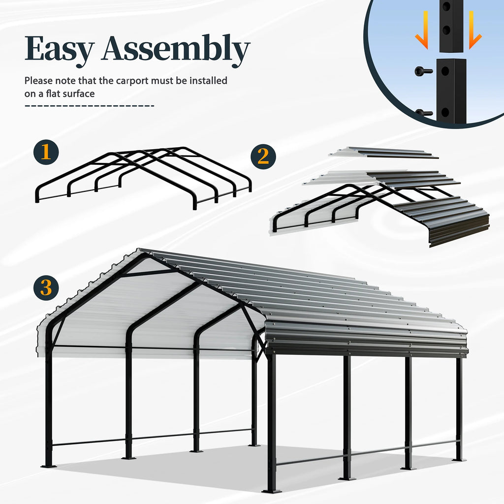 Walsunny 12X20 FT Carport, Outdoor Heavy Duty Carport Canopy with Galvanized Steel Roof, Metal Carport Extra Large Garage Car Storage Shelter