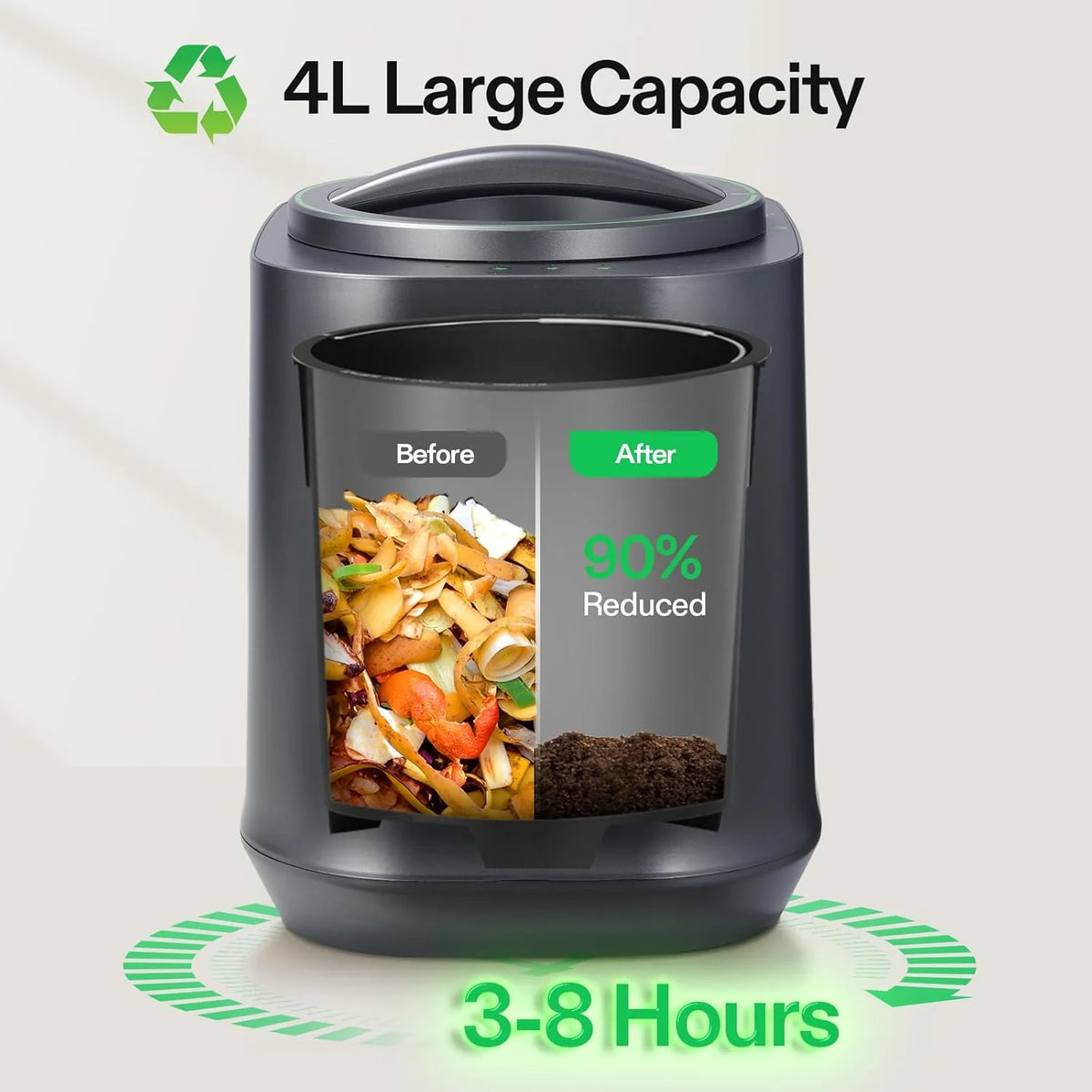 VIVOSUN 4L Electric Composter for Kitchen Indoor, Smart Compost Machine for Countertop, Odorless/Auto-Cleaning/3 Modes/Intelligent LED Display, Mill Composter Kitchen Bin Food Recycler, Black