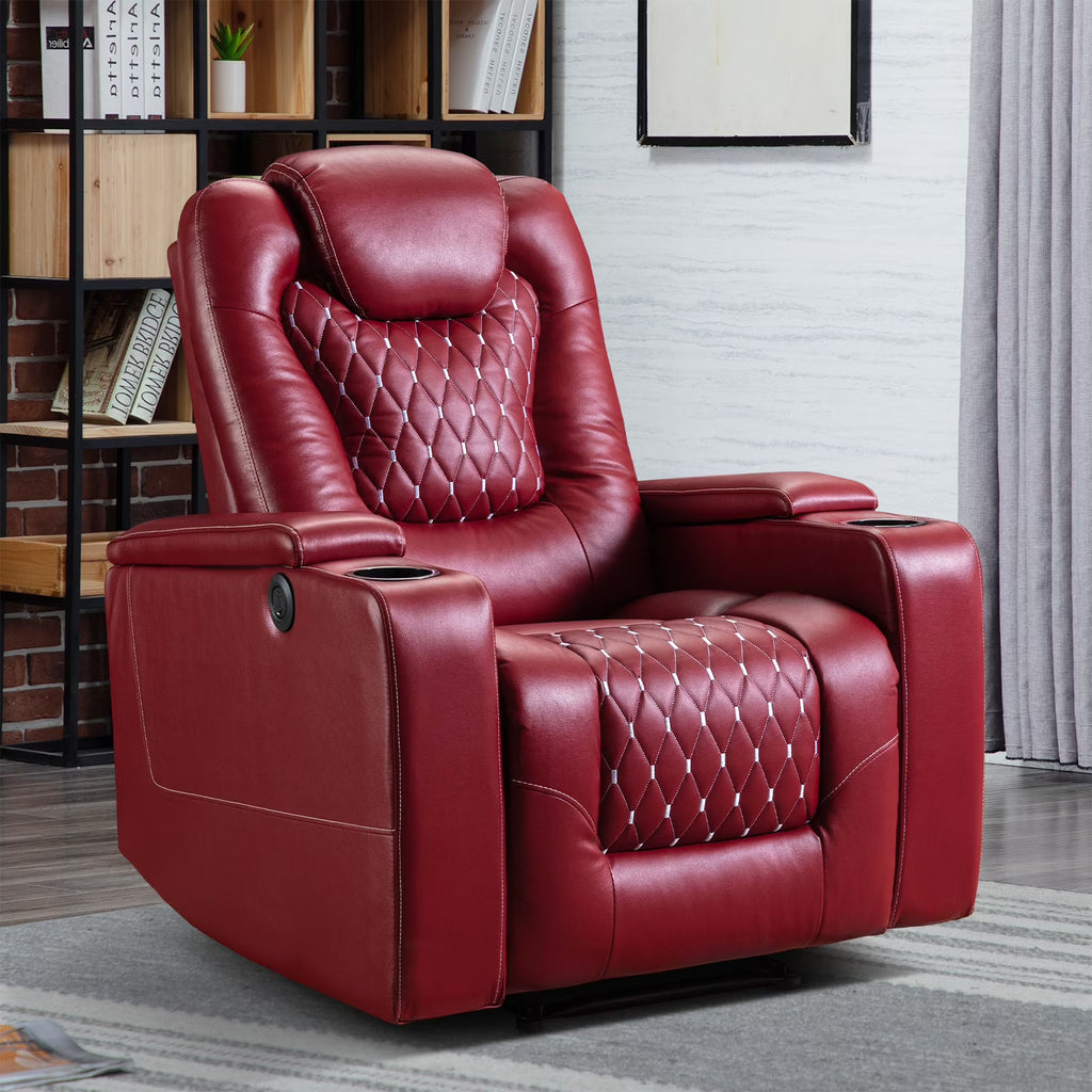 Bonzy Home Overstuffed Electric Home Theater Seating PU Leather Reclining Furniture with with USB Ports and Cup Holders and Hidden Arm Storage - Black