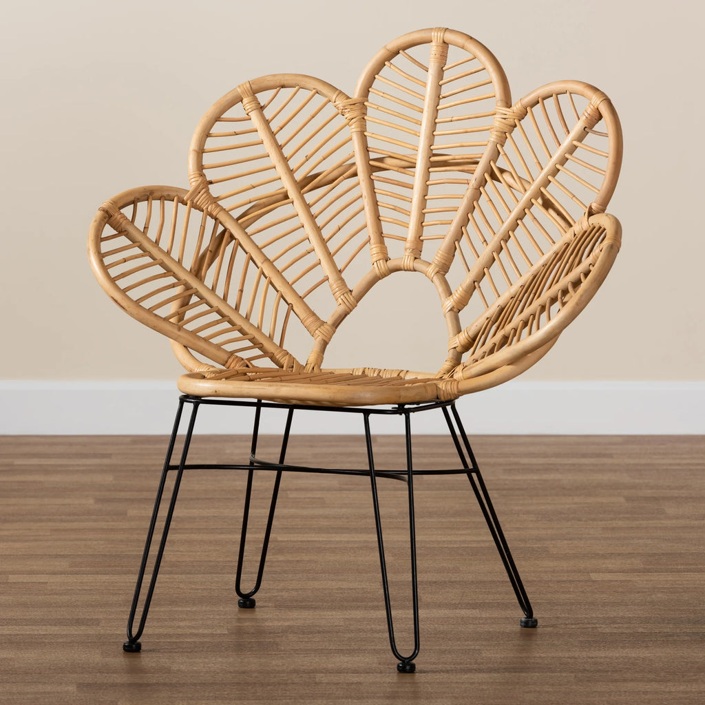 bali & pari Garan Modern Bohemian Natural Brown Rattan and Black Metal Accent Chair