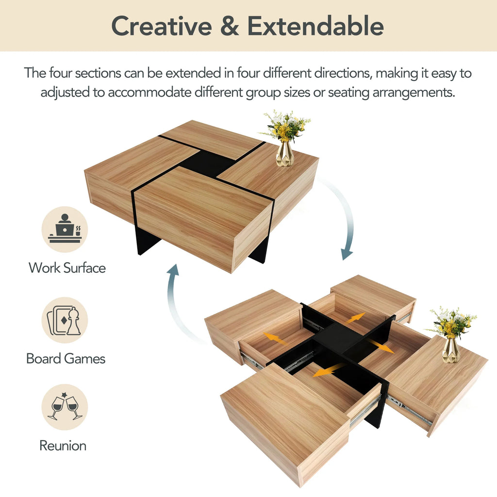 Coffee Table with 4 Hidden Storage Compartments, Cocktail Table with Extendable Sliding Tabletop