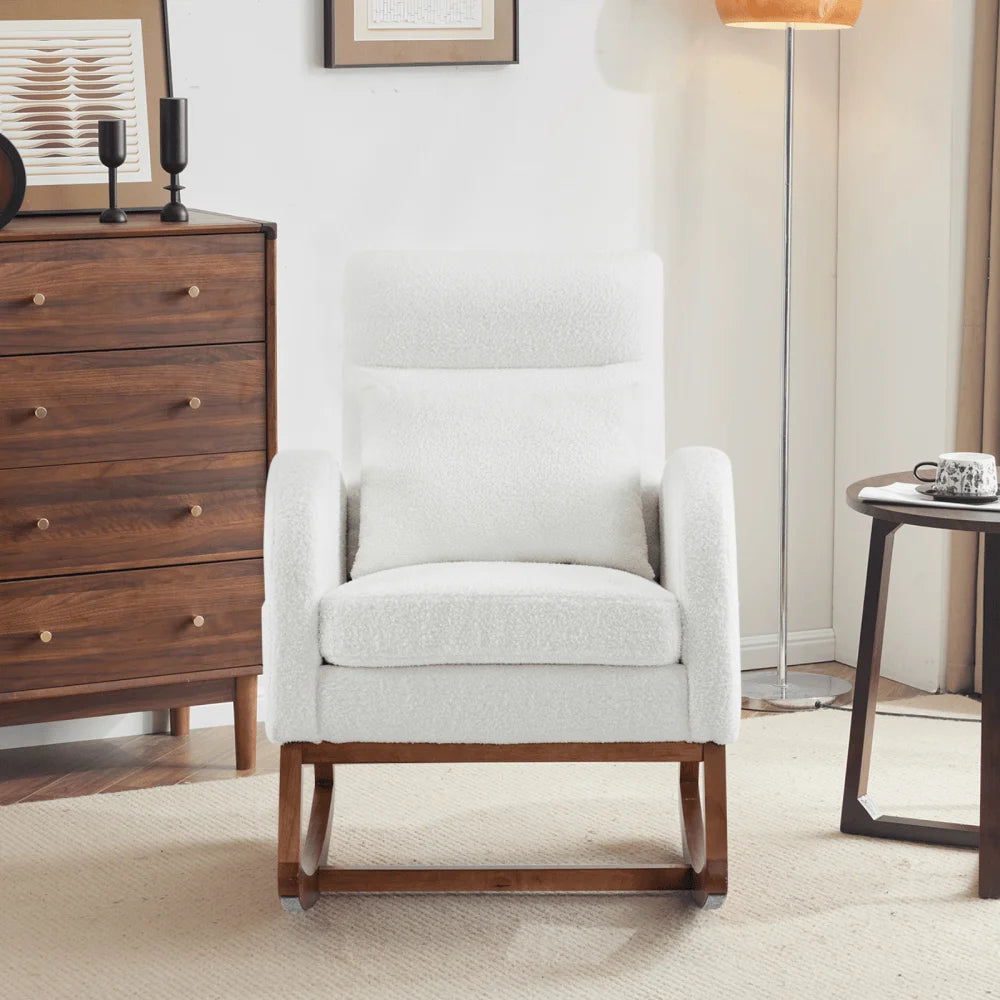 Hassch Upholstered Rocking Chair, Linen Fabric Glider Rocker with High Back, Accent Chair with Solid Wood Base, Reading Chair with Side Pocket for Living Room Bedroom Balcony, Gray