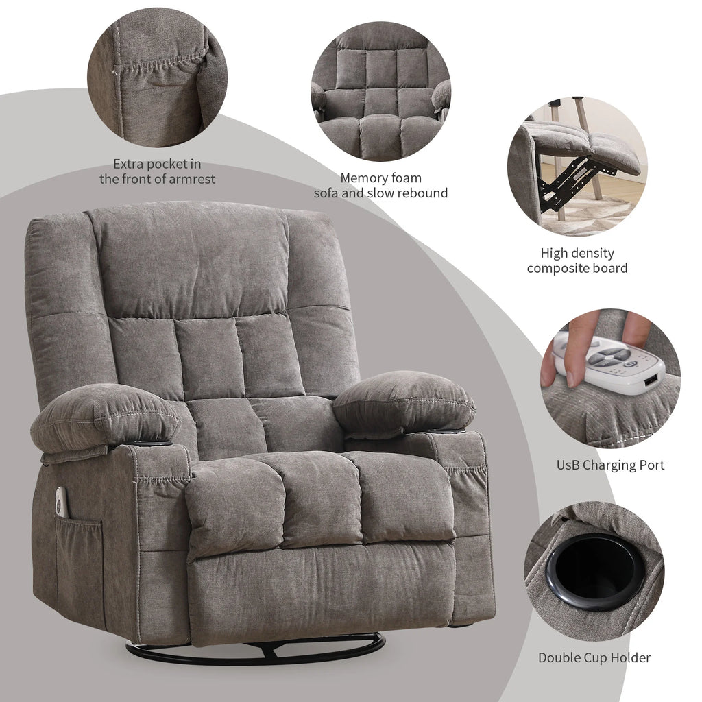 JONPONY Manual Recliner Chair with Heat Therapy and Massage Function, Heavy Duty Reclining Mechanism Massage Chair, Elderly Single Rocker Sofa with Cup Holders for Bedroom Home Theater,Blue
