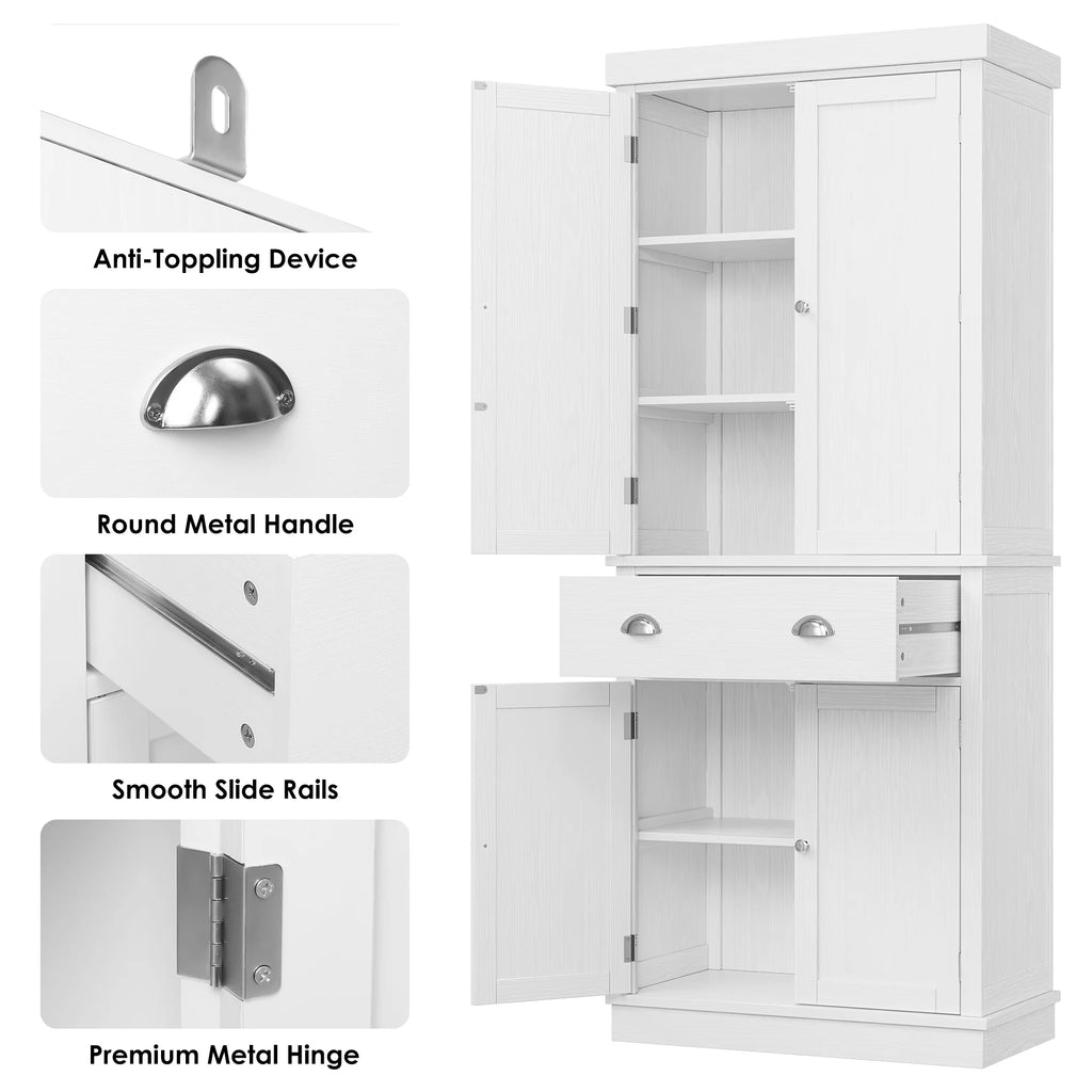 Homfa 72.4'' Tall Kitchen Pantry with 4 Doors, Large Drawer Shelves Wood Pantry Storage Cabinet for Dining Room Living Room, White