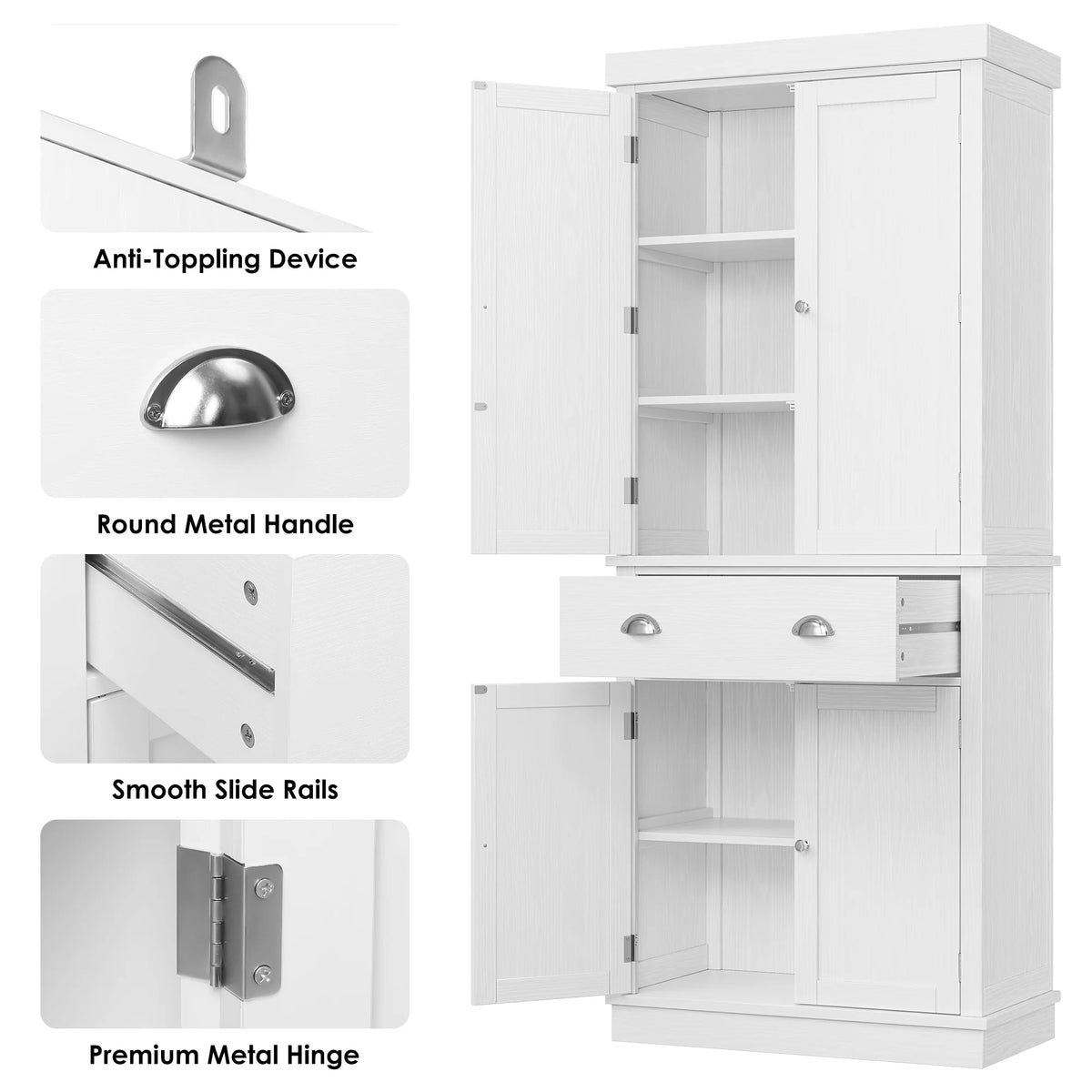 Homfa 72.4'' Tall Kitchen Pantry with 4 Doors, Large Drawer Shelves Wood Pantry Storage Cabinet for Dining Room Living Room, White