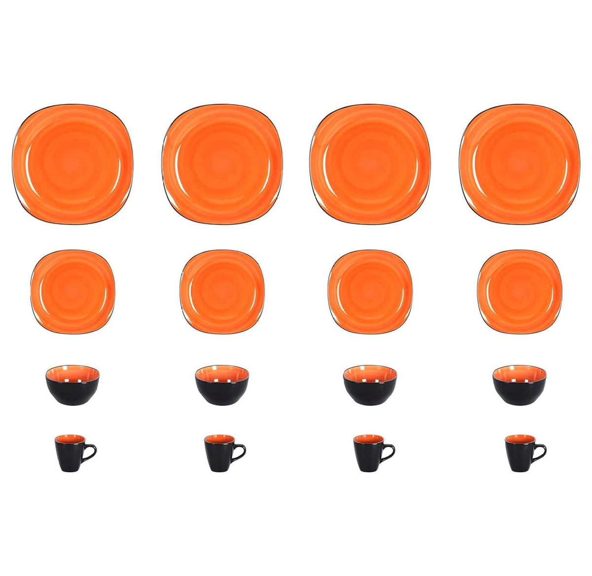 Stoneware Square 16pc Dinnerware Set, Inside Spinwash Swirl Orange + Outside Black