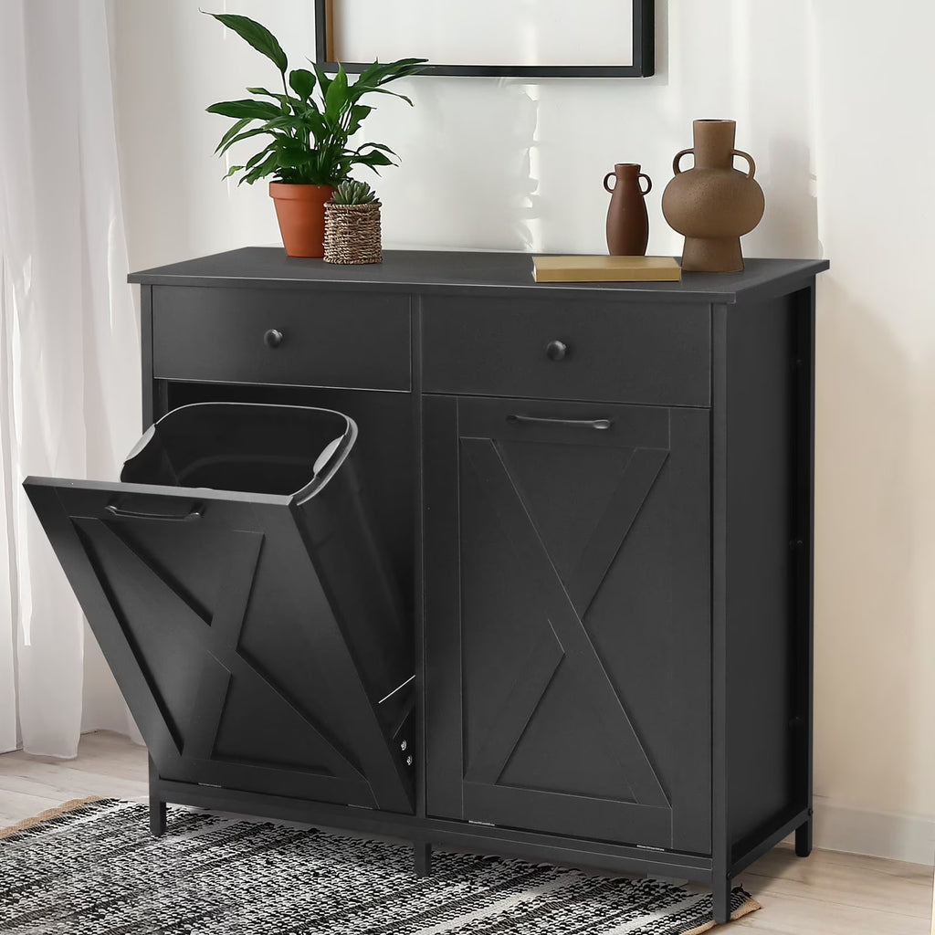 Pirecart 20 Gallon Double Tilt Out Trash Cabinet Wood Hidden Storage Cabinet, Recycling Cabinet with 2 Drawers, Black