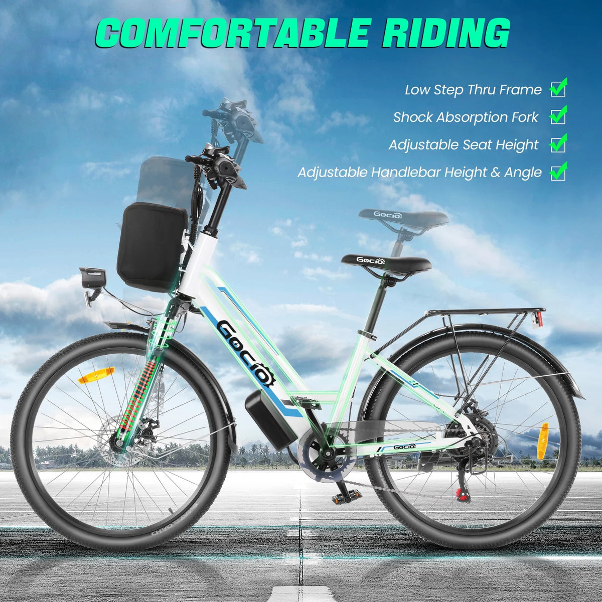 Gocio 26" Electric Bike for Adults, 500W Electric Cruiser Bike, 48V/7.8Ah Removable Battery, 7 Speed, City Commuting E-bike, UL2849