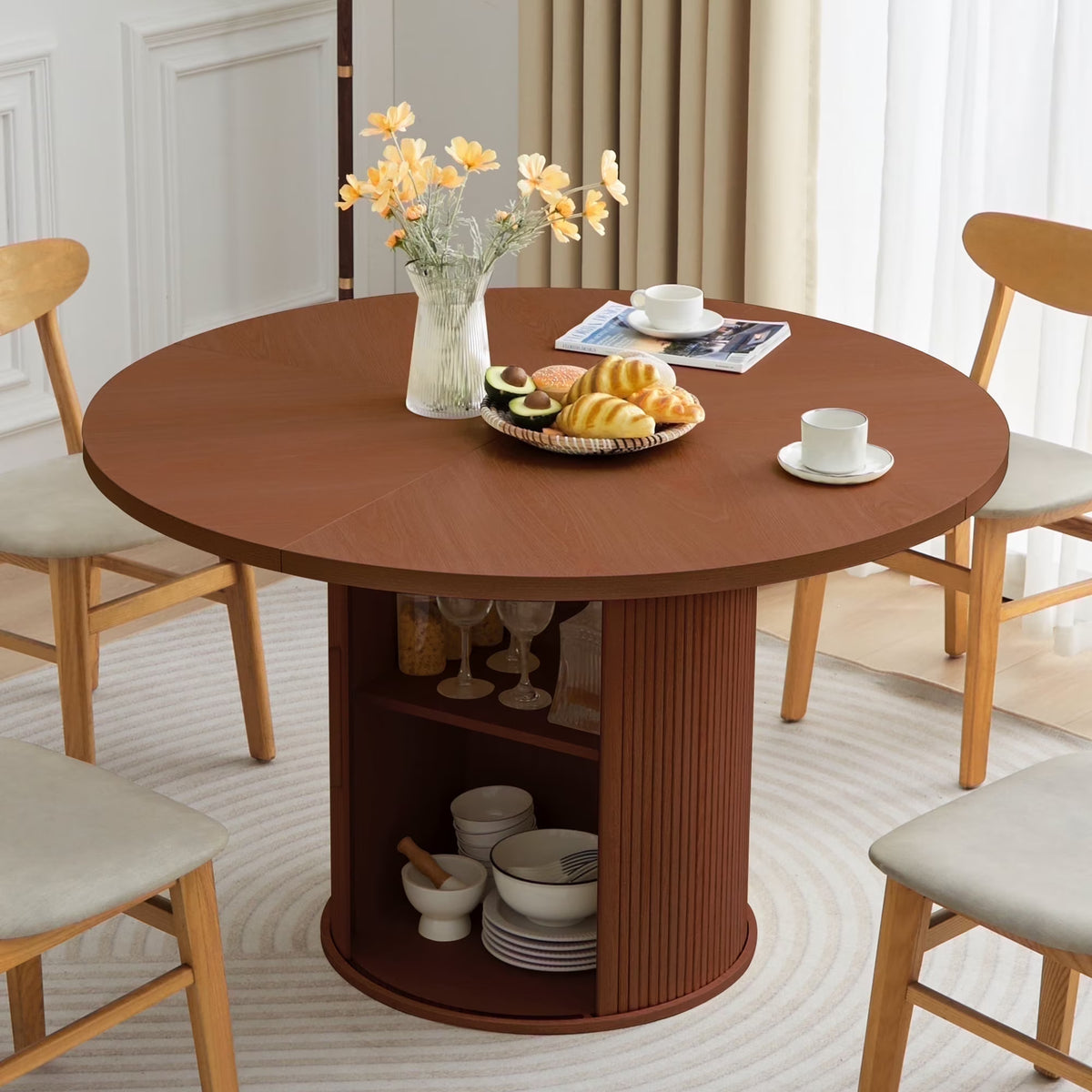 Wirrytor Round Dining Table, Modern Farmhouse Kitchen Table, 47 Inch Coffee Circle Dining Tables with Wood Strip Base for Kitchen Living Room, Black