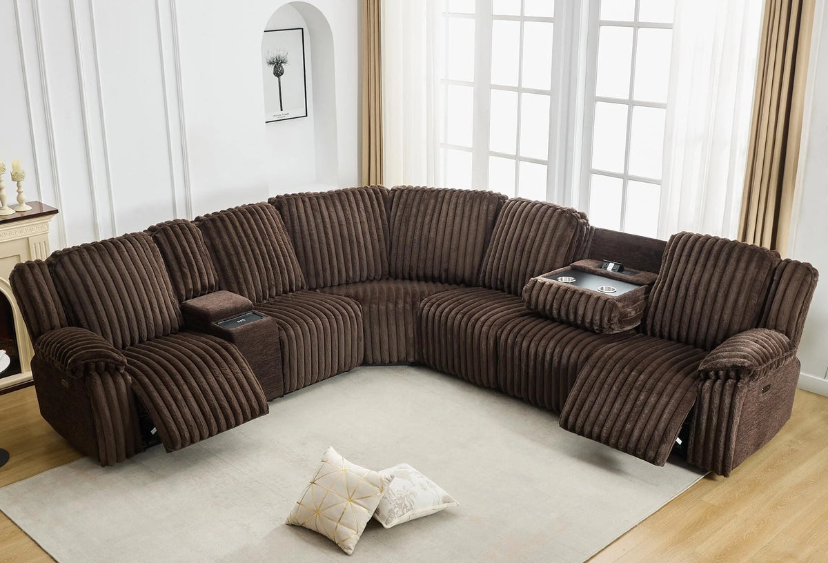 Power Reclining Sectional Sofa with Wireless Charger,6-Seater Faux Fur Sectional with Recliners,Hidden Cup Holders,Storage Console,USB & Type-C Ports,Black