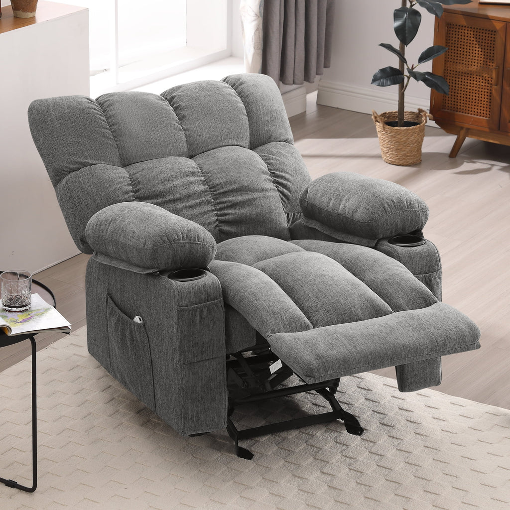 JONPONY Manual Recliner Chair with Heat Therapy and Massage Function, Heavy Duty Reclining Mechanism Massage Chair, Elderly Single Rocker Sofa with Cup Holders for Bedroom Home Theater,Grey