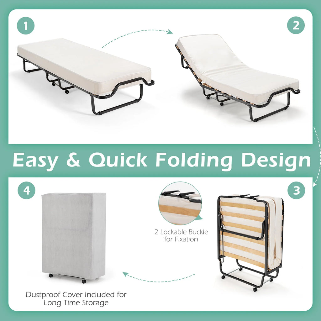 Gymax Portable Rollaway Guest Bed Folding Bed w/ Mattress Memory Foam & Dustproof Cover