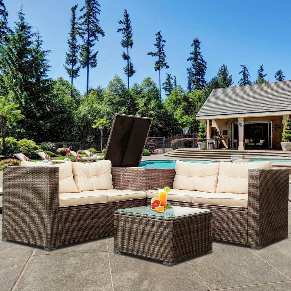 SEGMART 4 Piece Patio Furniture Set, All-Weather Outdoor Sectional Sofa Set, PE Rattan Conversation Set with Storage Box, Table & Cushions, Wicker Furniture Couch Set for Patio Deck Garden