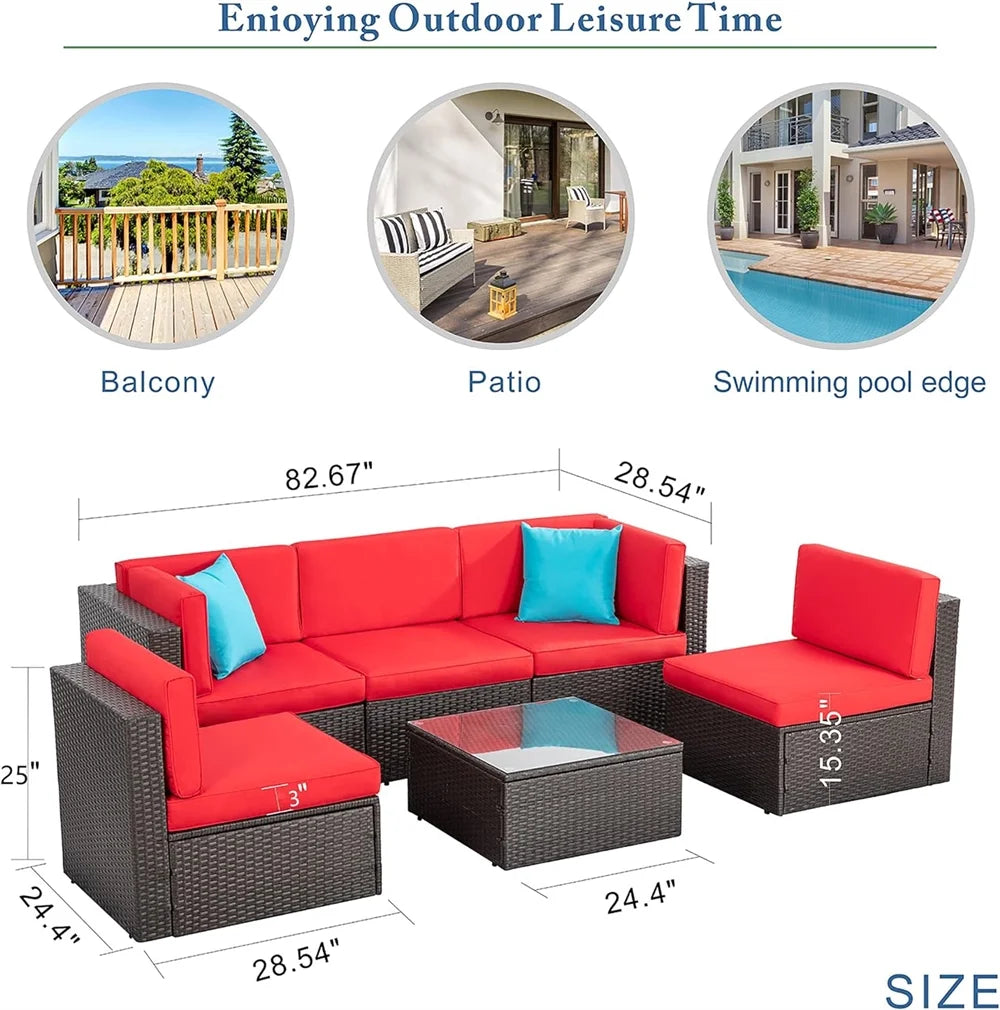 7 Pieces Outdoor Patio Furniture Set, Outdoor Sectional Rattan Sofa, PE Manual Weaving Wicker Patio Conversation Set with Cushion, Glass Table, Pillow, Dark Gray