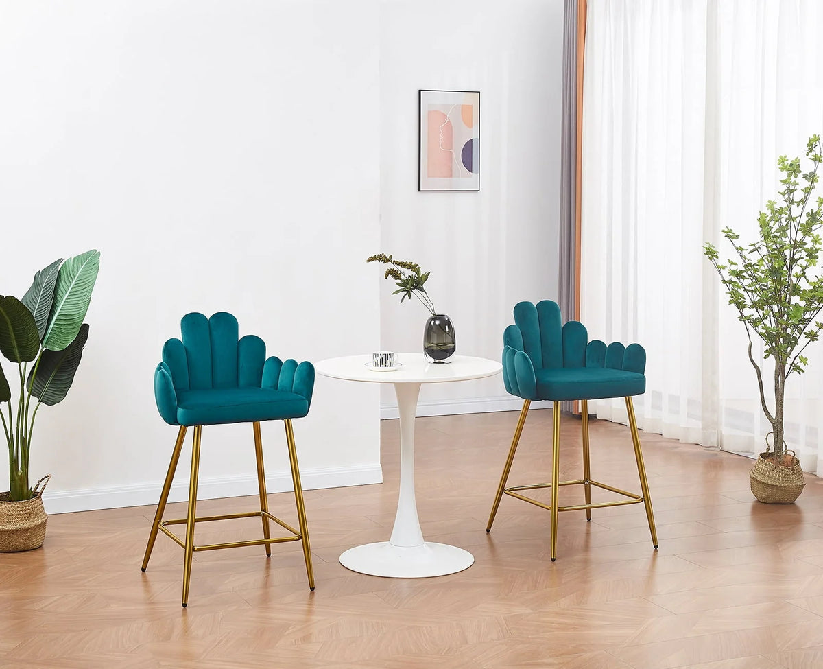 Guyou 26" Height Bar Stool Set of 2, Upholstered Velvet Counter Height Bar Stools with Finger Shaped Backrest and Metal Legs for Kitchen Island Bar Restaurant, Teal
