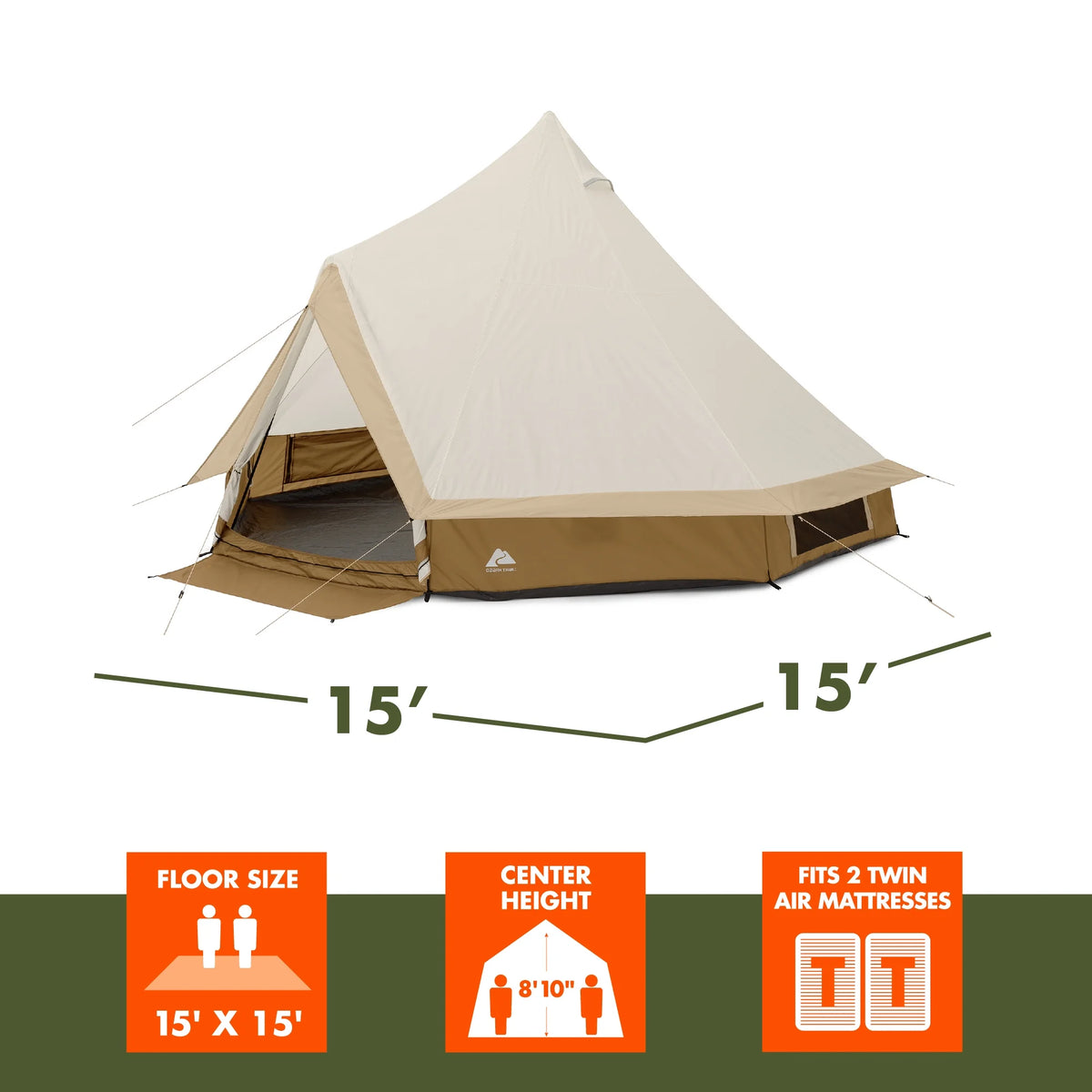 Ozark Trail 15' x 15' 8-Person Bell Tent with String Lights, 22.57 lbs