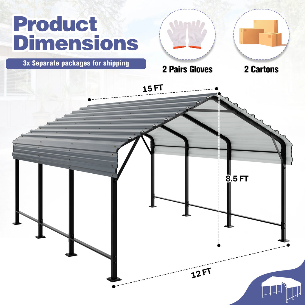 Walsunny 12X15 ft Carport Heavy Duty Carport Canopy with Galvanized Steel Roof and Frame Metal Carport Upgraded Extra Large Garage