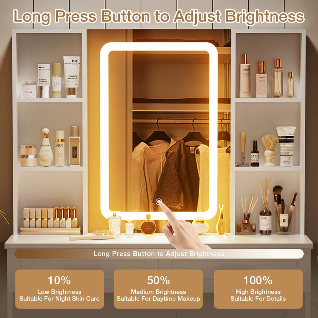 Hommpa Vanity, Makeup Vanity with LED Lighted Mirror Vanity Desk with Drawers Vanity Table with Charging Station for Girls Bedroom Storage Shelves, White