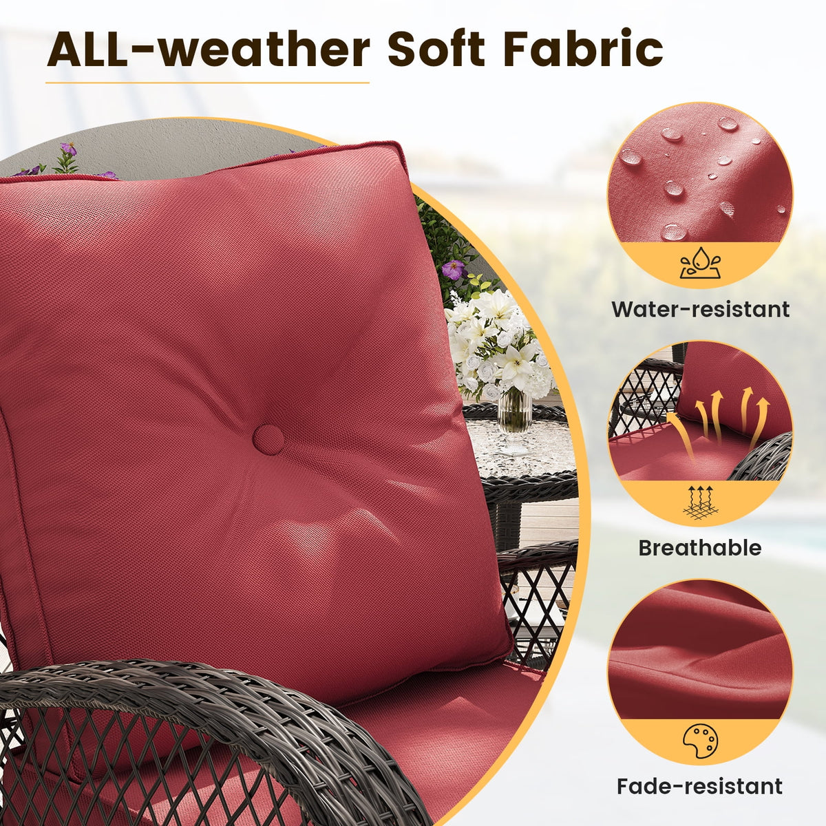 ELPOSUN 3 Pieces Patio Furniture Set, Outdoor Swivel Gliders Rocker, Wicker Patio Bistro Set with Rattan Rocking Chair, Glass Top Side Table and Thickened Cushions for Porch Deck Backyard