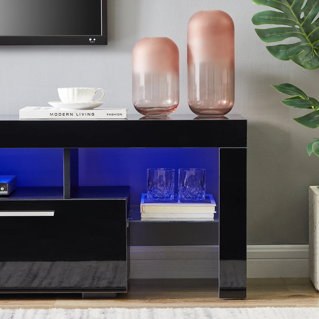UHOMEPRO TV Stand for TV up to 70", Living Room Entertainment Center with RGB LED Lights and Storage Shelves Furniture, White High Gloss TV Cabinet Console Table