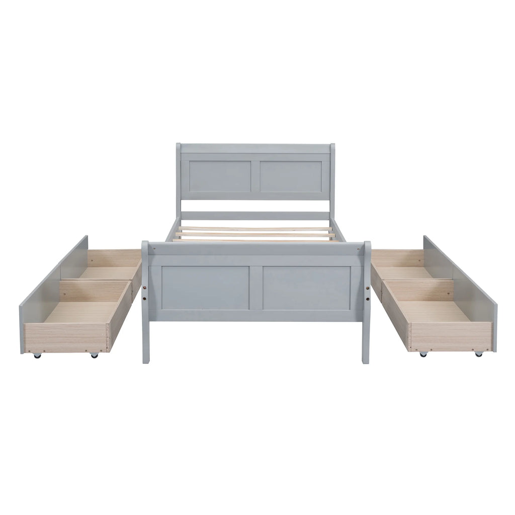 Full Size Wood Platform Bed with 4 Drawers,Storage Bed Frame with Streamlined Headboard and Footboard for Kids, Teens, Boys, Girls,Wooden Slats Support, No Box Spring Needed,Oak