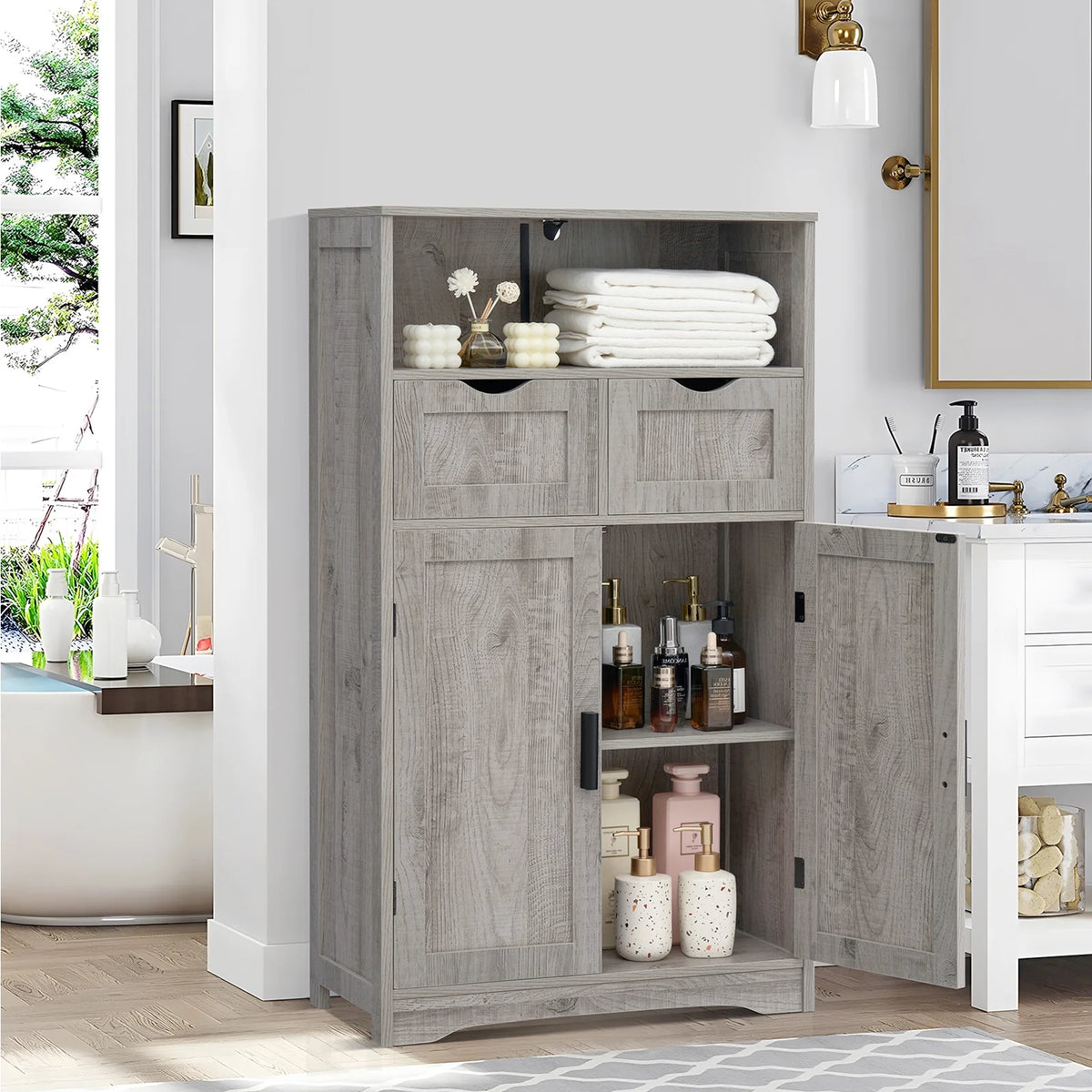 FANGSUM Rattan Storage Cabinet with 2 Drawers & 2 Shelves, Floor Cabinet for Living Room