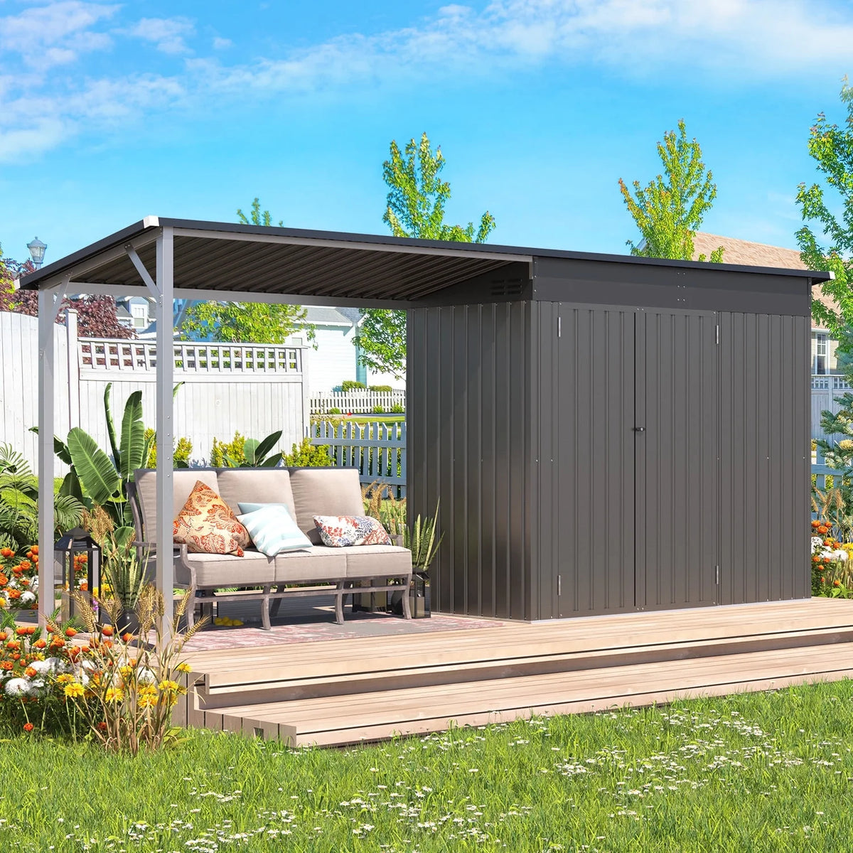 YODOLLA Outdoor Open-Sided Storage Shed, 3x5 Sheds & Outdoor Storage with 15 Sq. Ft Covered, 5x3 Small 2-in-1 Tool Shed with Attached Hardtop Metal Pergola Gazebo