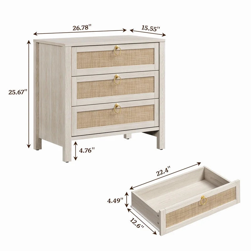 Surmoby Oak Boho 3-Drawer Nightstand Set of 2 - Extra Wide Storage Night Stand with Gold Handles Large&Tall Bed Side Table for Bedroom Living Room Enterway