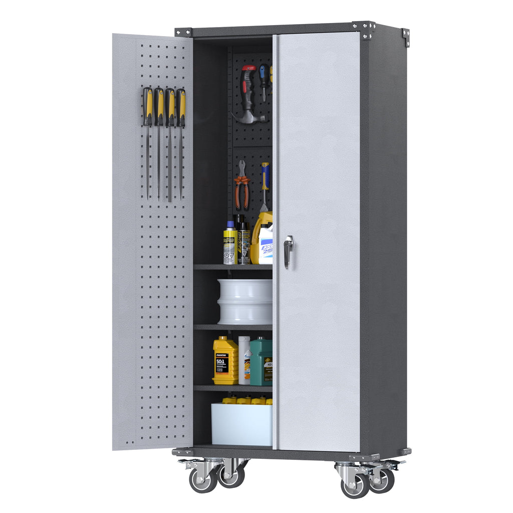 SUPEER 71" Metal Storage Cabinets with Wheels and Pegboards, Industrial Cabinet with 2 Drawers and 2 Adjustable Shelves,, Assembly Required