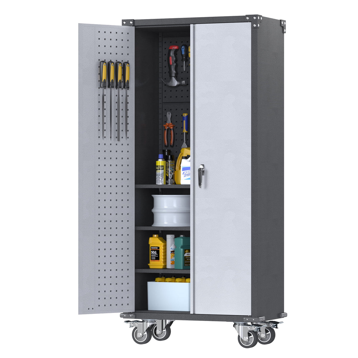 SUPEER 71" Metal Storage Cabinets with Wheels and Pegboards, Industrial Cabinet with 2 Drawers and 2 Adjustable Shelves,, Assembly Required