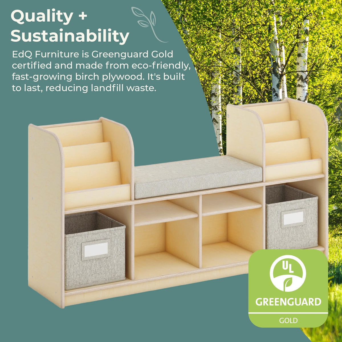 Guidecraft EdQ Reading Nook - Natural: Children's Wooden Bedroom Reading Bench, Kids' Bookshelf, Toy Cubby Organizer and Cube Storage