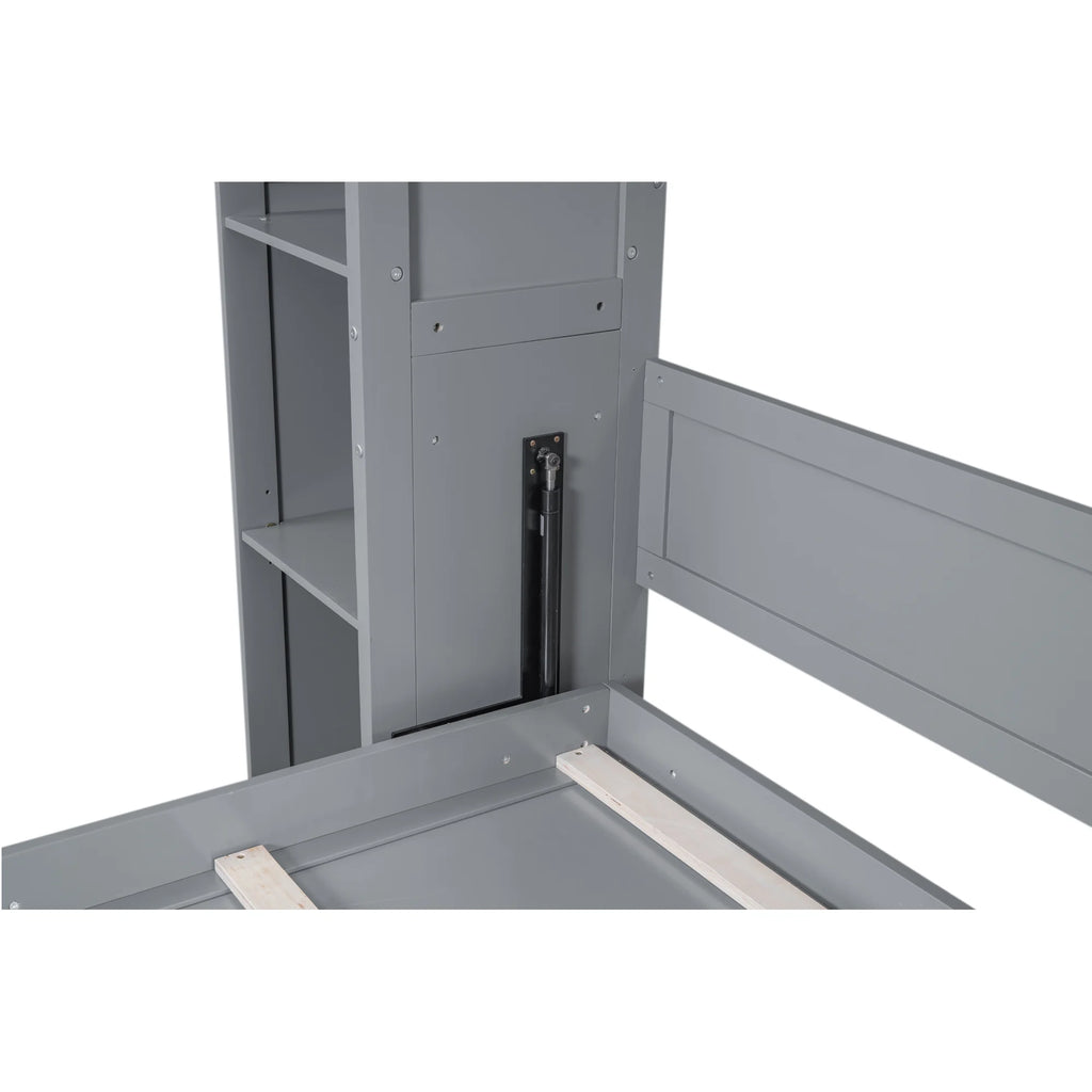 Aukfa Queen Size Murphy Bed with 5-Tier Storage Shelf & LED Lights, Foldable Wall Bed Cabinet with Mattress Support, Space-Saving Design for Guest Room/Home Office, Gray