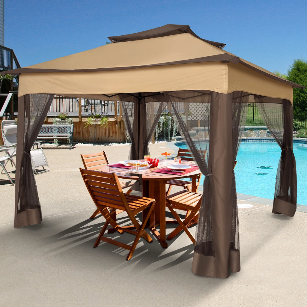 COBIZI 12x12 Outdoor Gazebo Pop Up Gazebo Canopy with Mosquito Netting Patio Tent Backyard Canopy with 2-Tiered Vented Top 3 Adjustable Height, Beige