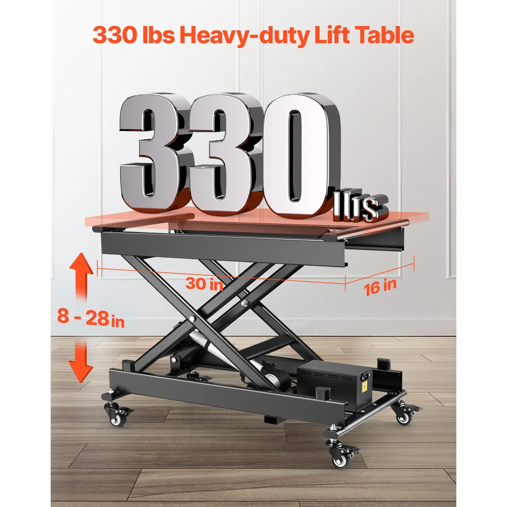 KFFKFF Powered Elevating Table, Load Bearing of 330 lbs, Solo Scissor Lift Table, 8 - 28 in Customizable Elevation Platform, Movable Coffee Table Lift on 4 Casters, Suited for Load Management, Black