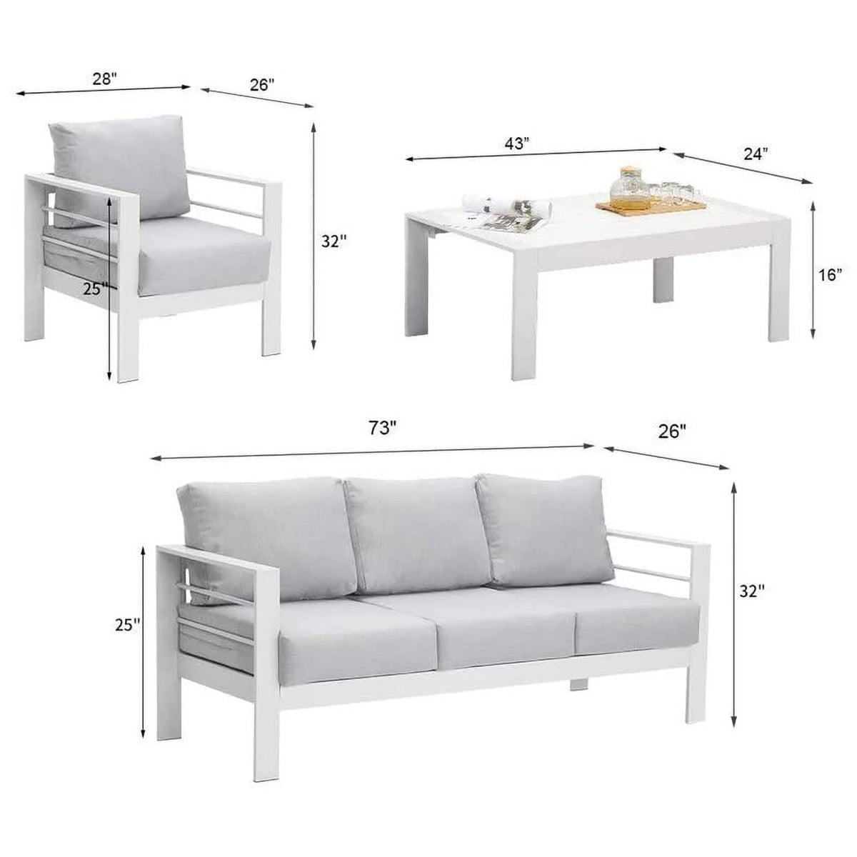 CozyHom 5 Pcs Outdoor Patio Aluminum Furniture Sofa Sets, Outside Patio Conversation Couch Sets With Table&Cushions for Garden Porch, Gray